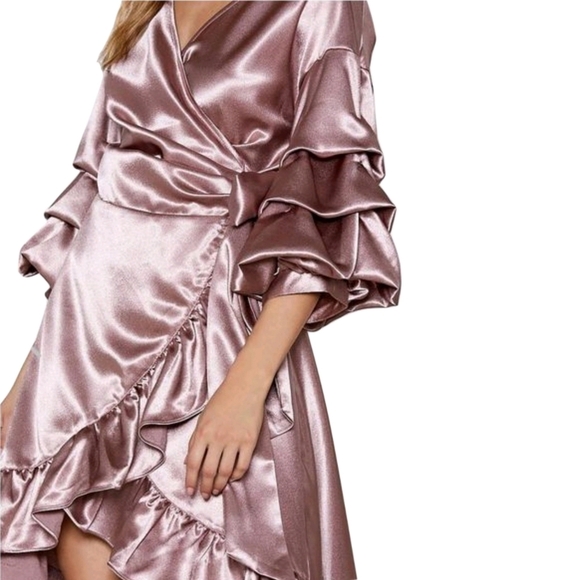 High Low Wrap Dress – Nasty Gal – Rose Blush – Statement Sleeve Satin Ruffle Hem - Picture 8 of 12